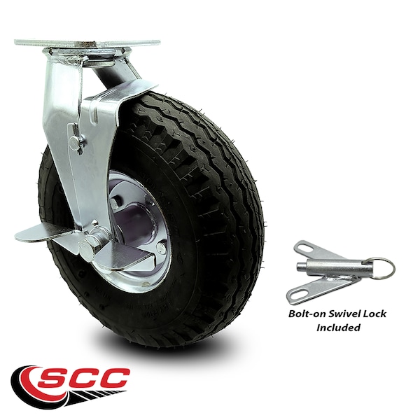 10 Inch Black Pneumatic Wheel Swivel Caster with Brake and Bolt Swivel Lock SCC